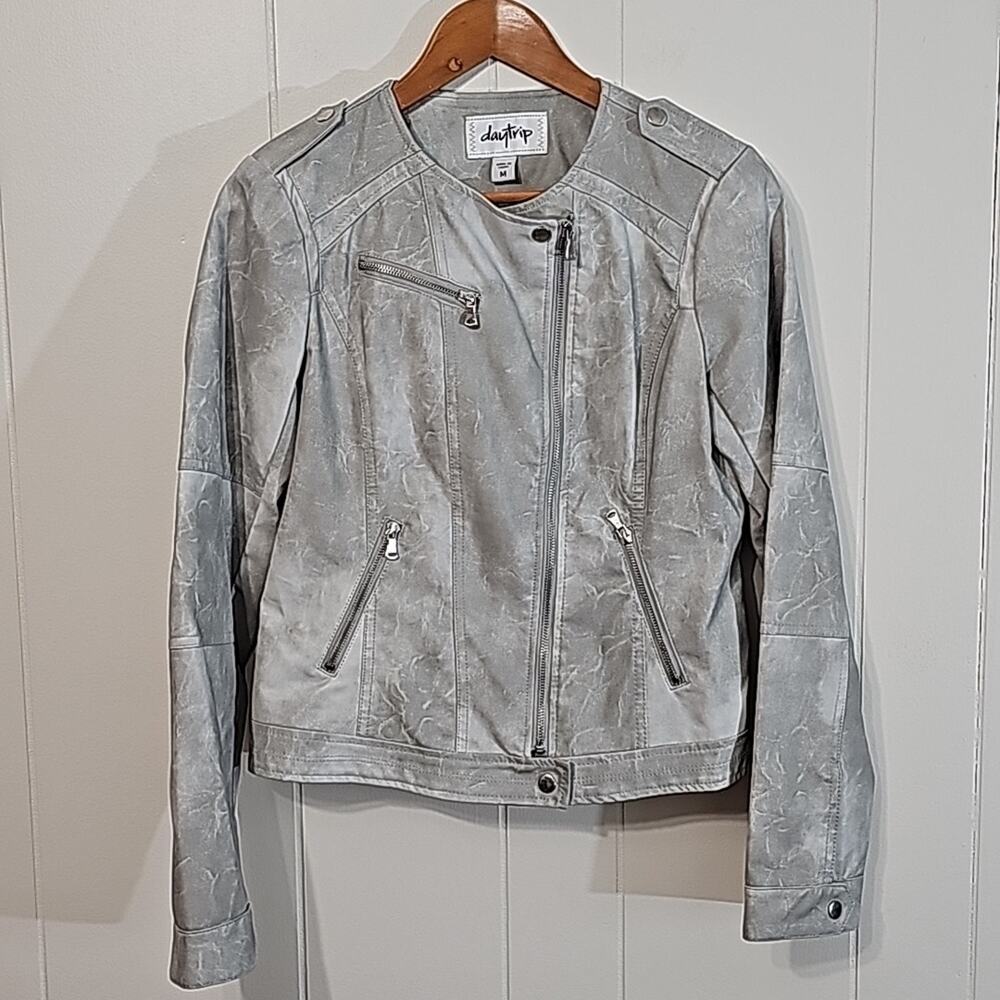 Daytrip Faux Gray Leather Moto Jacket Womens M Biker Grunge Punk Epilets EUC